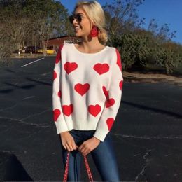 Women Casual Heart Printed Hollow Out Sweater Long Sleeve O neck Knitted Pullovers Autumn Winter New Fashion Trendy Loose 210412