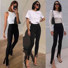 Y2K Goth Women Fashion White Skinny Sexy Pencil Pants Office Lady Bottom Front Slit Trousers High Waist Long Slim Bottoms 210517
