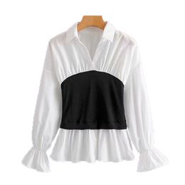 Women Office Lady Turn Down Collar Black White Patchwork Long Sleeve Top Shirt B0284 210514