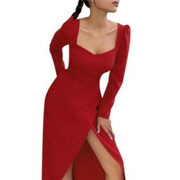 Casual Dresses 2021 Women's Sexy Wrap Midi Dress Long Puff Sleeve V Neck Solid Colour High Slit Cocktail Party
