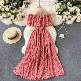 Neploe Sexy Slash Neck Shoulder Strapless Long Dress Women High Waist Hip A Line Slim Vestidos Vintage Print Bohemian Robe 210423