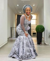 Aso Ebi African Mermaid Evening Dresses 2021 Silver Lace Long Sleeves Nigerian Style Plus Size Formal prom Party Gown