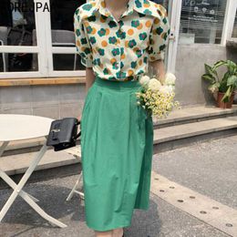 Korejpaa Women Dress Sets Summer Korean Retro Lapel Loose Floral Bubble Sleeve Shirt + High Waist Pleated Long Skirt Suit 210526