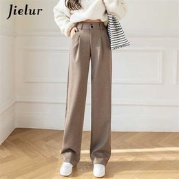 Jielur Woollen Wide Leg Pants Black Khaki Winter Korean Style Women Trousers High Waist Loose Straight Mopping Long 211124