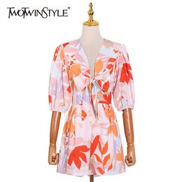 Casual Print Hit Colour Playsuit For Women V Neck Short Sleeve High Waist Hollow Out Jumpsuit Female Fashion 210521