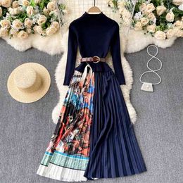 Women Fashion Knitted Pleated Stitching A-line Dress Round Neck Long Sleeve Lace Up Waist Thin Elegant Korean Vestidos R301 210527