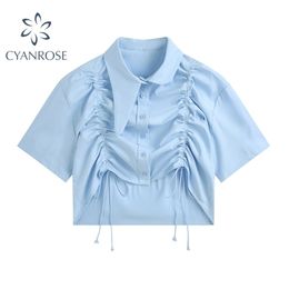 Summer Irregular Design Neck Women Blouse Streetwear Slim Turn-Down Lace Up Tuck Short Sleeve Unique Crop Shirt Female 210515