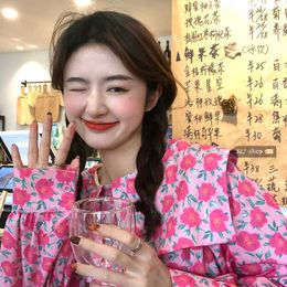 Sweet Vintage Puff Long Sleeve Pink Floral Blouse Women Sailor Collar Doll Shirts Korean Loose Chic Blusas Mujer Fashion 210610
