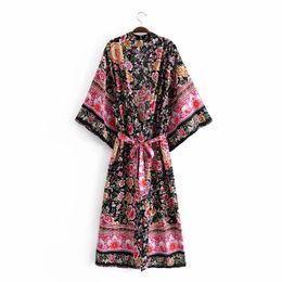 Floral Print Sashes Bohemian Vintage Dress Chic Female Kimono BOHO Dresses Lacing Up Long Loose Robe 210521