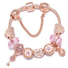 Top Quality Rose Gold Silver Beads Murano Glass Pink Locker Heart Crystal Butterfly Fits European Charms Bracelets Safety Chain Jewellery Diy Women