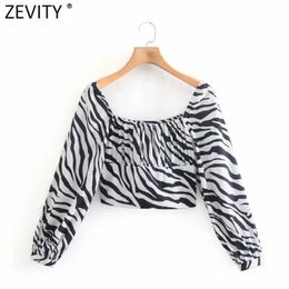 Women Vintage Zebra Striped Print Short Smock Blouse Female Pleats Long Sleeve Side Zipper Shirt Chic Blusas Tops LS9233 210420