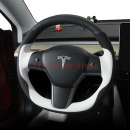 DIY Car Steering Wheel Cover For Tesla Model 3 Y Interior Accessories Stitch On Wrap Anti Slip Black Leather