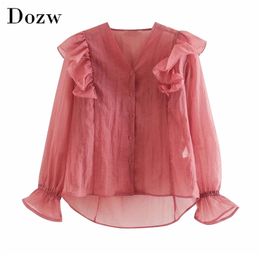 Women Elegant Pink Ruffled Blouses V Neck Long Sleeve Sweet Plaid Shirt Ladies See Through Chic Tops Blusas Mujer 210515