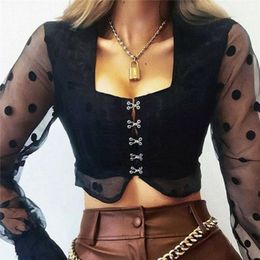 Women Fashion Square Neck Crop Top Shirt Clothes Court Streetwear Tulle Mesh Sheer Blouse Dots Lace Up Long Sleeve Sling Women's Blouses & S