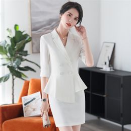 Professional women's pants suit set spring and summer casual high quality ladies white blazer Slim skirt Two-piece 210730