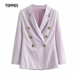 Summer Cotton Linen Blazer Women Thin Suit Jacket Double Breasted Ladies Leisure Violet 210421