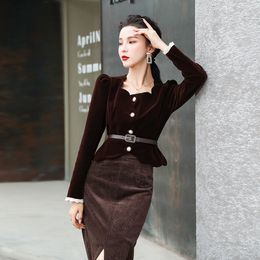 Winter Velvet Wave Pattern Square Collar Women Elegant Single Breasted Coat Suit + Hight Waist Split Long Skirt 2 Pices Set 210514
