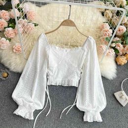 Fashion Women Court Square Long Sleeve Thin Lace Shirt Tops Lady White Elegant Blusas Rojas Mujer Blouse R477 210527