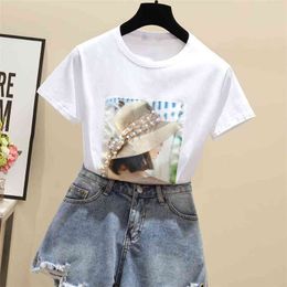 WWENN Women Summer T Shirts Tops Beading T-Shirt Cotton Tshirt White Black Short Sleeve Vetement Femme Korean Clothes 210507