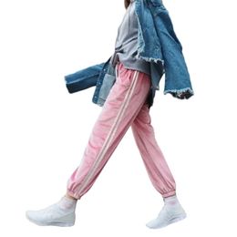 Spring Women Basic Pink Thin Stain Pants Elastic Waist Casual Red Black Drawstring Ankle Length Summer Pant 210518