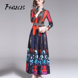 Fashion Runway Maxi Dresses Women Long Sleeve Casual Holiday Print Floral High Waist Belted Bow Pleated A-Line Dress 210520