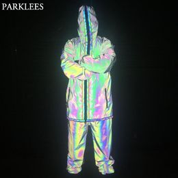 Rainbow Reflective Hooded Jacket Mens Dancing Running High Visibility Zipper Noctilucent Coats Men Hip Hop Fluorescent Clothing 210522