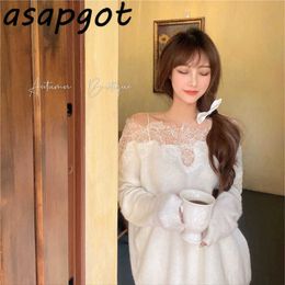 Sweaters&Jumpers Pullovers White Lace Hollow Out Knitted Sweater Women Slash Neck Sweet Temperament Gentle Pull Femme Sexy Full 210610