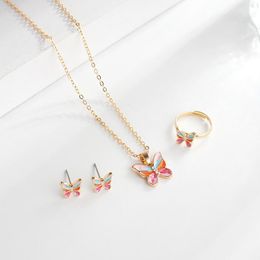 Earrings & Necklace THJ Fashion Colorful Crystal Butterfly Jewelry Set Animals Pink Blue Earinmgs Rings For Women Girls Children