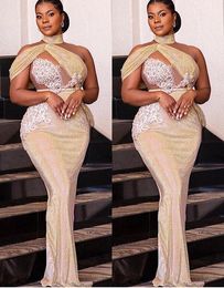 2021 Plus Size Arabic Aso Ebi Gold Sparkly Sexy Prom Dresses Lace Beaded Sheath Evening Formal Party Second Reception Gowns Dress ZJ150