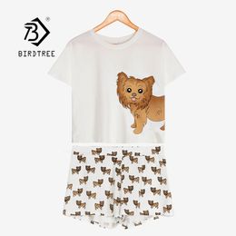 Women's Cute Pyjama Yorkshir Dog Print 2 Pieces Set Crop + Shorts Elastic Waist Loose Top White Home Wear S93017Z 210416