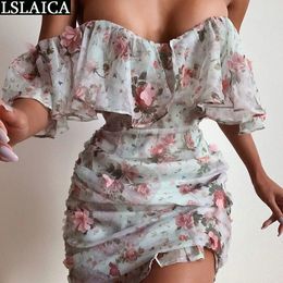 Dress for Women Slash Neck Floral Print Slim Chiffon Summer Backless A Line Ruffled Fashion Sexy Ruched Laides 210520