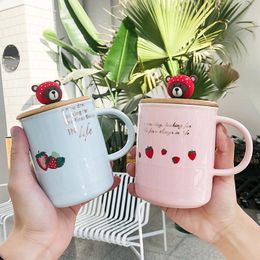 Cartoon Creative Strawberry Bear Doll Wooden Cover Ceramic Cup With Spoon Mug Office Lovely Little Fresh Coffee Milk Tea Mugs
