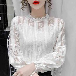 Women Blouses Long Sleeve White Blouse Tops Blouse Women Blusas Mujer De Moda Stand Collar Hollow Lace Blouse Shirt E697 210426