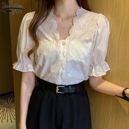 Summer Versatile V-neck Women Lace Shirt Fashion Hollow White Blouse Splicing Short Sleeve for Flare 13984 210427