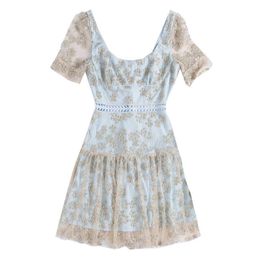 PERHAPS U Women Slash Neck Short Sleeve Puff Sleeve A Line Mini Dress Summer Beach Female Blue Gold Embroidery Backless D1924 210529