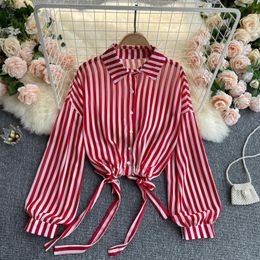 SINGREINY Retro Stripe Women Blouse Korean Turndown-Collar Puff Sleeve Drawstring Waist Button Tops Spring Casual Chiffon Blouse 210419