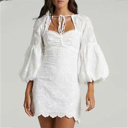 Foridol White Lace Embriodery Dress Vintage Lantern Sleeve Floral Short Women Summer Spring Party Backless 210415