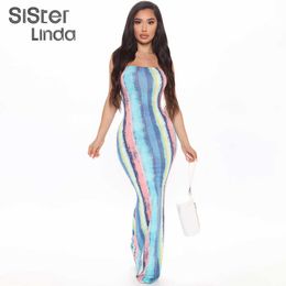 Tie Dye Skinny Strapless Maxi Dresses For Women Casual Street Sleeveless Sexy Tube Clubwear Party Birthday Dress Summer Clothes Y0823