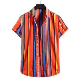 Mens Shirt Striped Summer Short Sleeve Casual Print Mens Aloha Shirt Beach Holiday Hawaiian Camisas Oversized Chemise Homme 210524