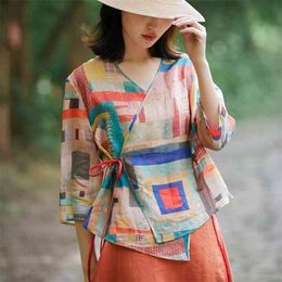 Summer Arts Style Women 3/4 Sleeve Lacing Loose Shirts Vintage Print V-neck Cotton Linen Blouses Plus Size Femme Blusen M28 210512