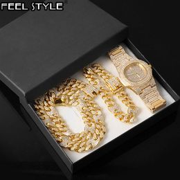Hip Hop Necklace +Watch+Bracelet AAA+ Iced Out Alloy Rhinestones Coffee Bean Miami Cuban Link Chain Necklace For Men Jewellery X0509