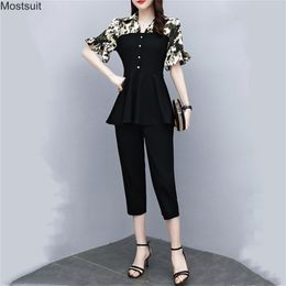 Summer Elegant Two Piece Set Women Plus Size Print Tunic Short Sleeve Tops And Calf-length Pants Suits Outfit OL Korean 210513