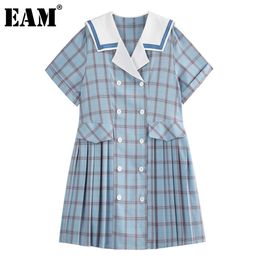 [EAM] Women Blue Contrast Color Big Size Plaid Pleated Dress Lapel Short Sleeve Loose Fit Fashion Spring Summer 1DD8387 21512