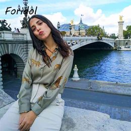 Foridol Animal Print Satin Blouse Shirt Button Up Ladies Long Sleeve Leopard Blouse Tops Spring Autumn Vintage Office Tops 210415