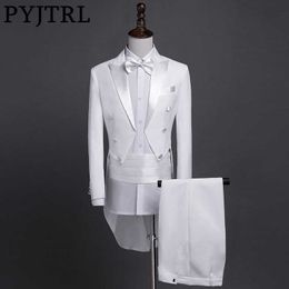 PYJTRL New Plus Size S-4XL Mens Classic Black White Shiny Lapel Tail Coat Tuxedo Wedding Groom Stage Singer Four Piece Suit X0909