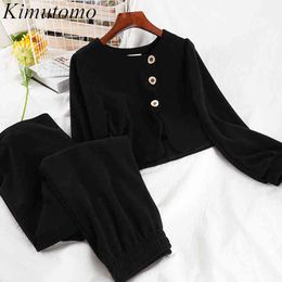 Kimutomo 2 Piece Sets Womens Outfits O-neck Single Breasted Short Shirts and Ladies Solid Wide Leg Cropped Pants Spring 210521