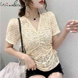 Women's T-shirt Summer Smocked Lace Ladies Tshirt Casual Drawstring Design Tops Femme Clothes Add Free Bandeau T05218B 210421