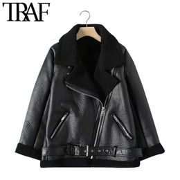 TRAF Women Fashion Thick Warm Winter Fur Faux Leather Oversized Jacket Coat Vintage Long Sleeve Female Outerwear Chic Tops 210415