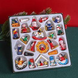 24pcs/set Christmas Tree Ornament Character Pendant Set Gift Box Wooden Hand-painted Puppet Home Decoration SD07