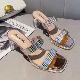 Rimocy Gold Rhinestones High Heel Slippers Women Fashion Square Toe Crystal Sandals Woman Summer Shoes Female 210528